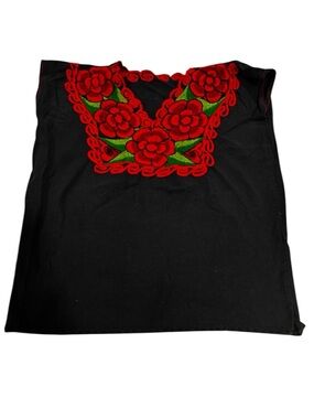 Beautiful Black Womens Top with Red Floral Embroidered Yoke size small